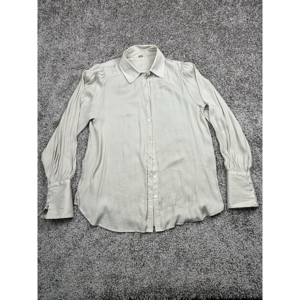 Free People Pleated Puff Sleeve Blouse Beige Sheer Button Down Romantic Feminine